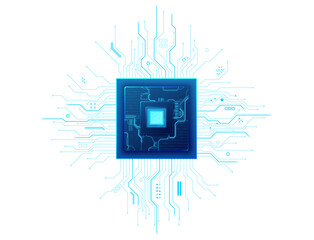 Digital isolated semiconductor processor with luminous center and connection lines. Modern circuit board element in blue tones, ideal for technology concepts and presentations. Technology vector