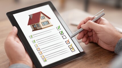 Person using a stylus on a tablet to check off items on a digital real estate inspection checklist