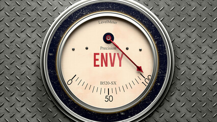 Envy that is hitting a full scale, showing a very high level of envy, overload of it, too much of it. Maximum value, off the charts.  ,3d illustration