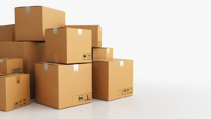 Fototapeta premium Multiple Brown Cardboard Boxes Stacked for Shipping, Moving, or Storage on White