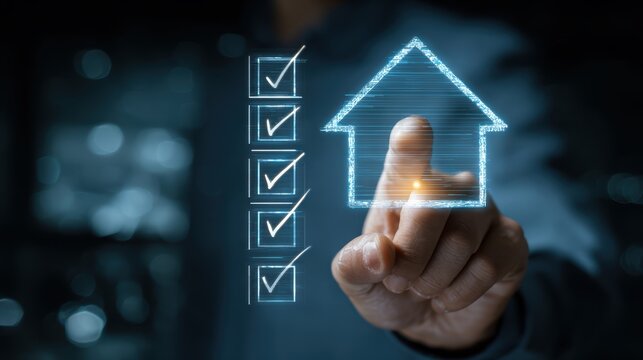 Digital checklist for home buying or selling with a futuristic house icon - Powered by Adobe