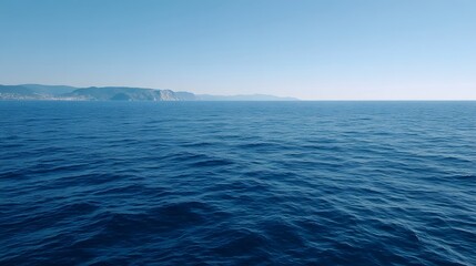 Obraz premium Expansive deep blue ocean under a clear sky with a distant softly curved coastline
