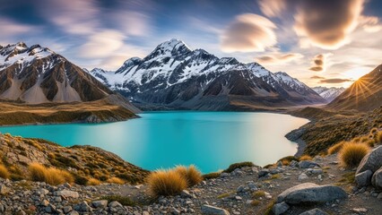 Breathtaking turquoise lake surrounded by snow-capped mountains at sunrise