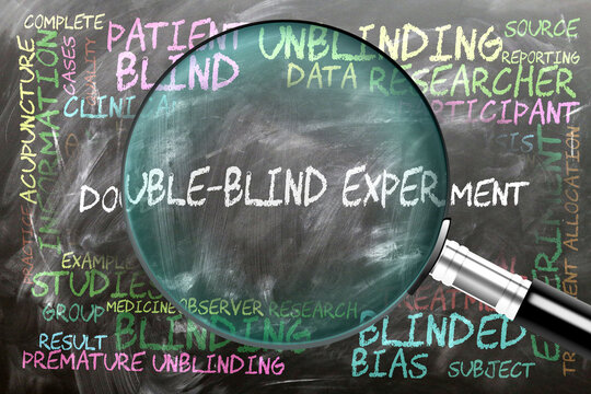 Double-Blind Experiment being studied, examined - under close inspection. Most important subjects and ideas closely related to double-blind experiment. ,3d illustration