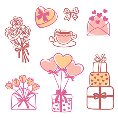 Cute Hand Drawn Valentine&rsquo;s Day Illustration Set With Hearts, Gifts, Flowers, Cake, Envelope And Cup. Romantic Doodles In Pink And Red Colors, Perfect For Love, Wedding, Holiday Designs.