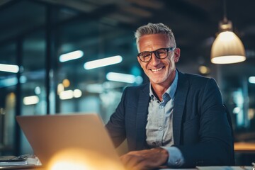 Successful Business Professional Working on Laptop in Modern Office Setting.