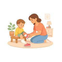 Mother Helping Child Put on Shoes at Home