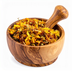 Dried Hypericum perforatum flowers in a wooden mortar with pestle, isolated on white background. Medicinal herb known as St John&rsquo;s wort, traditionally used in herbal medicine, natural remedies.