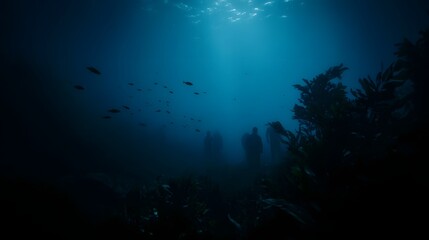 Silhouettes of swimmers glide through a mysterious dark blue underwater world populated by fish and kelp