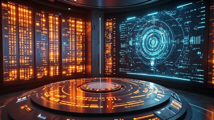 Futuristic server room with glowing lights and digital interface, data center of the future. - Powered by Adobe