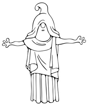 Gnome Parody of Christ the Redeemer Statue. Black and White Line Art Illustration.