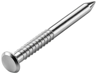 Highly polished, cylindrical steel screw with a deeply threaded shaft and a rounded, flat head, is presented diagonally with a subtle shadow, showcasing its, isolated on transparent background.