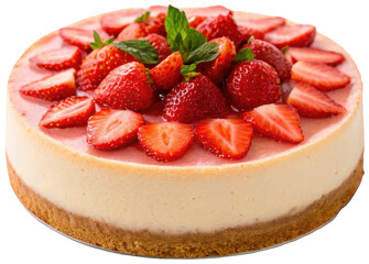 Deliciously creamy and visually appealing strawberry cheesecake with a golden-brown graham cracker crust, generously topped with vibrant, fresh sliced, isolated on transparent background.