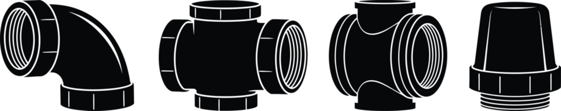 Silhouette vector set of 5 pipe fitting shapes elbow tee coupling reducer and end cap