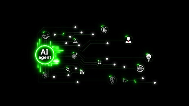 AI agent businessman working with virtual reality interface, illustrating multi-agent artificial intelligence systems, automated decision making and workflow optimization on black background
