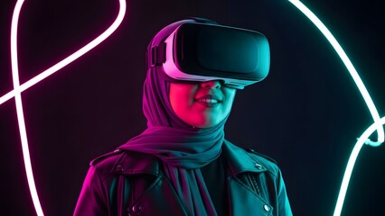 Person wearing V R headset with neon background and headscarf