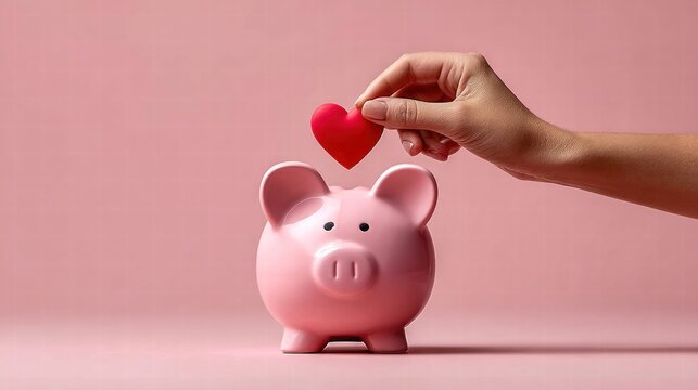 Hand placing a red heart into a pink piggy bank, symbolizing love and savings.