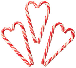 Strikingly vibrant and sweetly curved candy canes, crafted from glossy hard sugar with bold red stripes and a pristine white base, are arranged in a playful, isolated on transparent background.