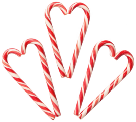 Strikingly vibrant and sweetly curved candy canes, crafted from glossy hard sugar with bold red stripes and a pristine white base, are arranged in a playful, isolated on transparent background.