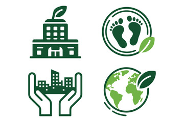 Fototapeta premium Modern green building and ecology icons including carbon footprint tracking and global environmental protection symbols with city skyline and foliage