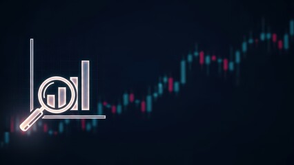 Neon icon of a magnifying glass examining a bar chart overlaid on a financial stock market graph