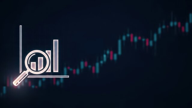 Neon icon of a magnifying glass examining a bar chart overlaid on a financial stock market graph - Powered by Adobe