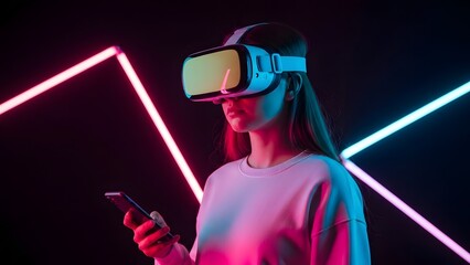 Woman using V R headset with neon lights in dark background