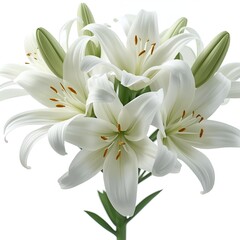 Obraz premium A hyper-realistic 3D render of pure white lilies in full bloom, delicate petals with soft translucency, golden pollen details, studio lighting, shallow depth of field, ultra-high resolution, photoreal
