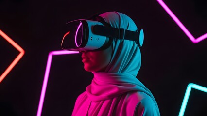 Woman wearing hijab and V R headset with neon geometric background