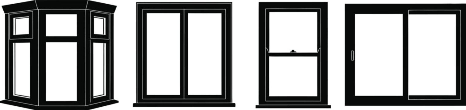 Silhouette vector set of 4 residential window styles bay window sash window casement and sliding window