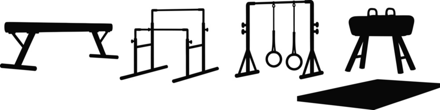 Silhouette vector set of 5 gymnastics apparatus balance beam uneven bars vaulting horse rings and floor mat