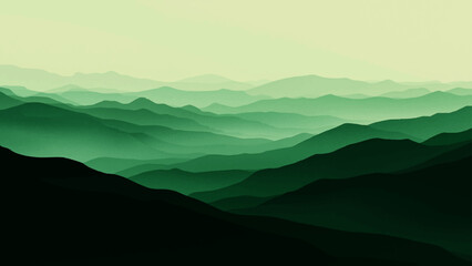 Abstract Rolling hills cascade into the distance, rendered in shades of green and shrouded in a soft, ethereal mist, offering a mesmerizing glimpse of nature's vastness and tranquility.