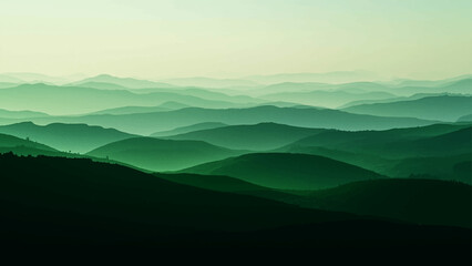 Abstract Majestic mountains undulate in layers of serene green hues, creating a mesmerizing tapestry of peaks and valleys under a tranquil sky, inspiring awe and a sense of timelessness.