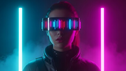 Woman with futuristic digital glasses in neon-lit environment
