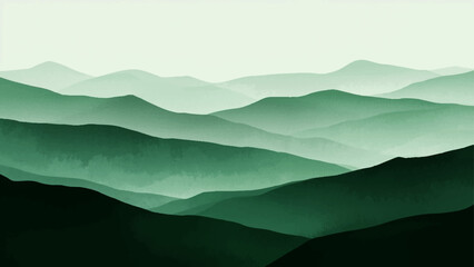 Abstract A tranquil vista of rolling hills, bathed in an ethereal, muted green, and serene atmosphere, evoking a sense of calm and escape.