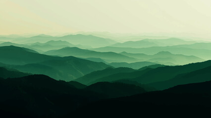 Abstract A breathtaking panorama of verdant mountain ranges fading into a misty horizon, where the undulating peaks stand in a serene and tranquil environment.