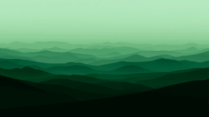 A misty mountain landscape at sunrise features a blue mountain range silhouettes against a cloudy dawn sky with fog rolling over forest hills and deep valleys