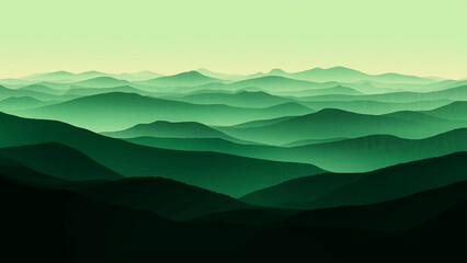 Abstract An evocative landscape presents undulating mountain ranges in varying shades of green, creating a sense of depth and tranquility. A serene visual narrative.
