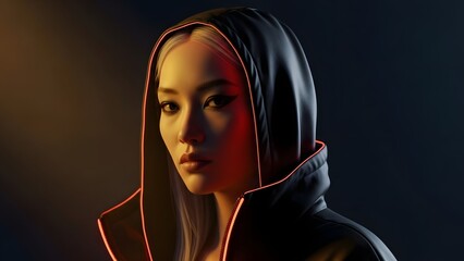 Woman with black hoodie and neon pink trim in dark background