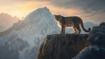 Majestic Snow Leopard on Himalayan Cliff at Golden Hour