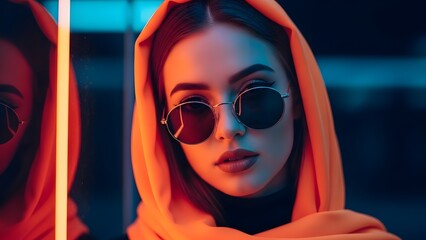 Woman with orange hoodie and sunglasses in vibrant neon lighting