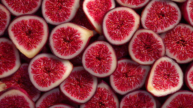 Sliced figs arranged in a tight, small-scale pattern, vibrant red centers with seeds