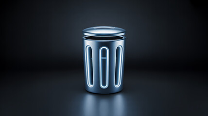 A sleek futuristic metallic trash can with glowing neon blue lines stands isolated against a dark reflective background