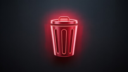 A vividly illuminated neon red trash can icon glows against a dark shadowy background creating a striking visual contrast