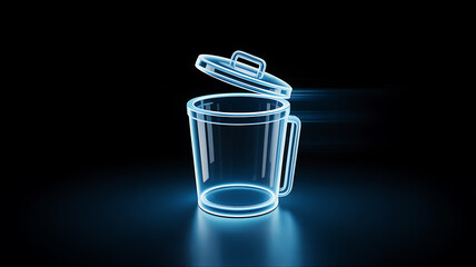A glowing translucent waste bin with a lid rendered in a futuristic blue neon style stands out against a dark