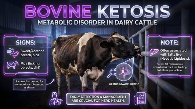 Bovine ketosis metabolic disorder in dairy cattle with brown cow in barn and signs symptoms with disease and veterinary and medicine and health