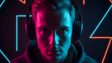 Young man wearing headphones with neon light background lights blue