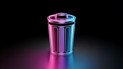 A vibrant neon lit trash can stands prominently against a dark background showcasing a futuristic design with purple and pink