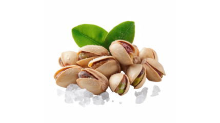A close-up view of fresh pistachios in shells garnished with salt and green leaves