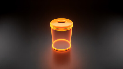 A glowing orange cylindrical container with a circular opening at the top sitting on a reflective surface in darkness